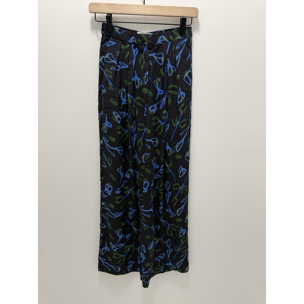 Christian Wijnants Silk Printed Wide Leg Pants Black Blue Green Women's 24 x 29